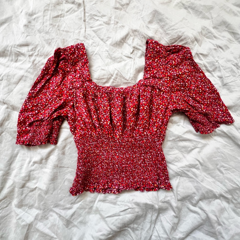 Red Floral Smocked Blouse